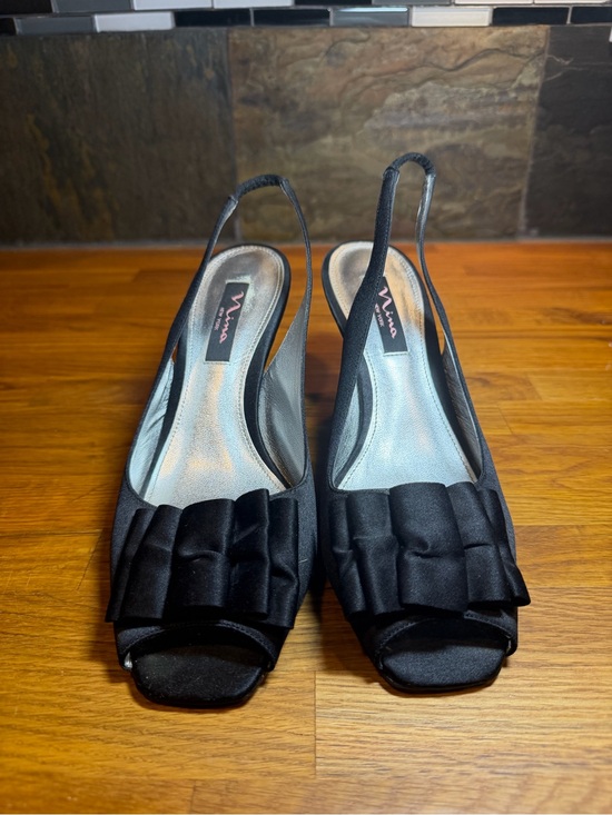 Nina Shoes - Nina New York Black Satin Peep-Toe Ruffle Slingback Heels